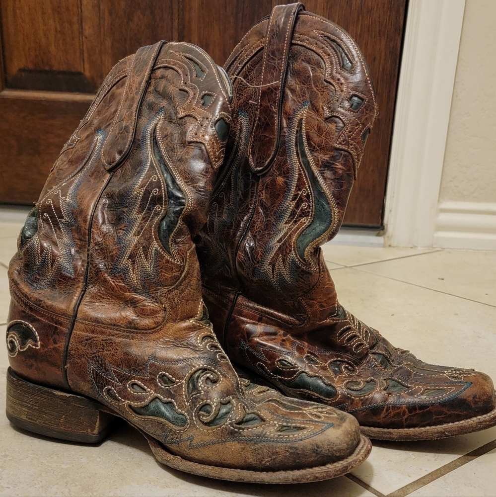Brown and Green Heeled Boots